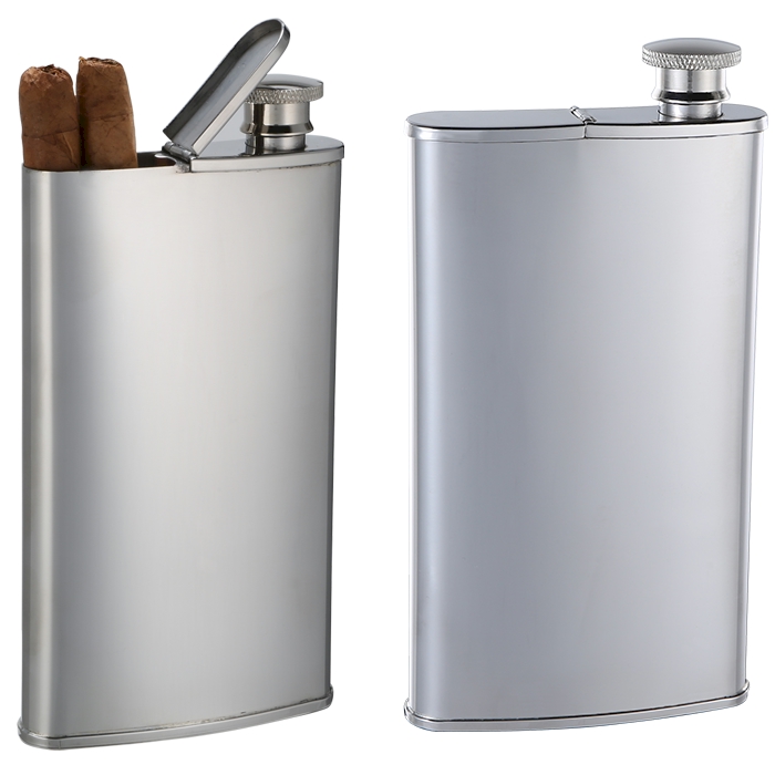 CIGAR Case and Drinking Flask Combo - Stainless Steel Finish - Holds 2 CIGARs and 4 oz. - Tested Lea